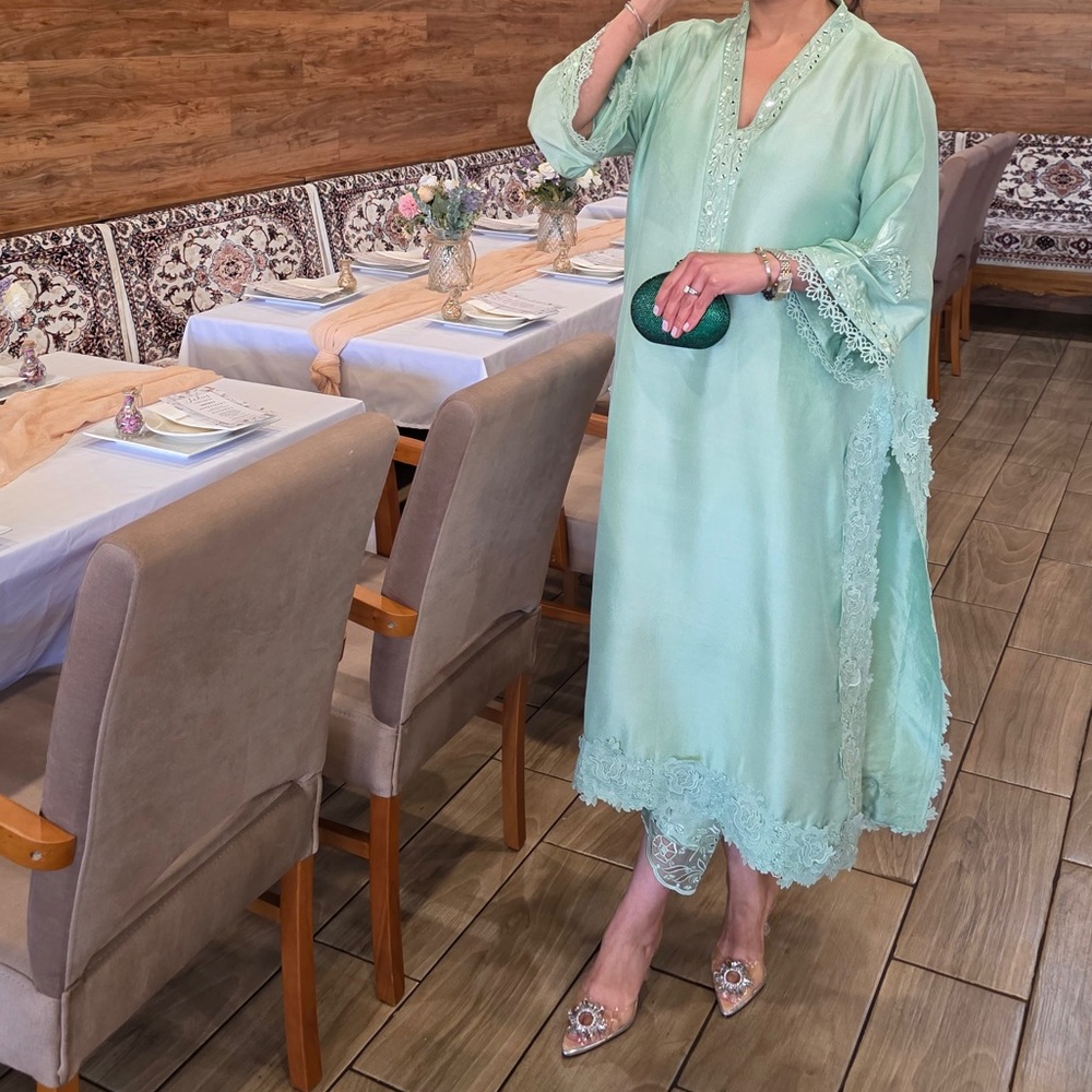 Elegant Mint Green Kaftan kameez and shalwar - Picture 5 of 8
